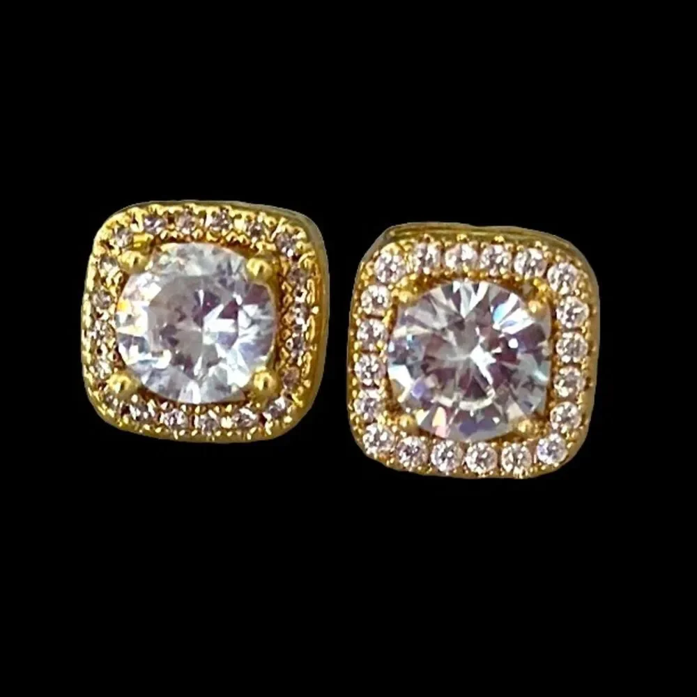 14k Gold Plated CZ Studs – .3” Square Cushion Halo Earrings for Men